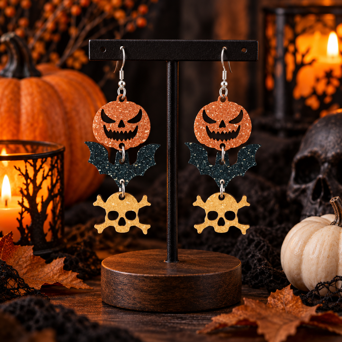 Halloween Ohrhänger Kürbis, Fledermaus & Totenkopf