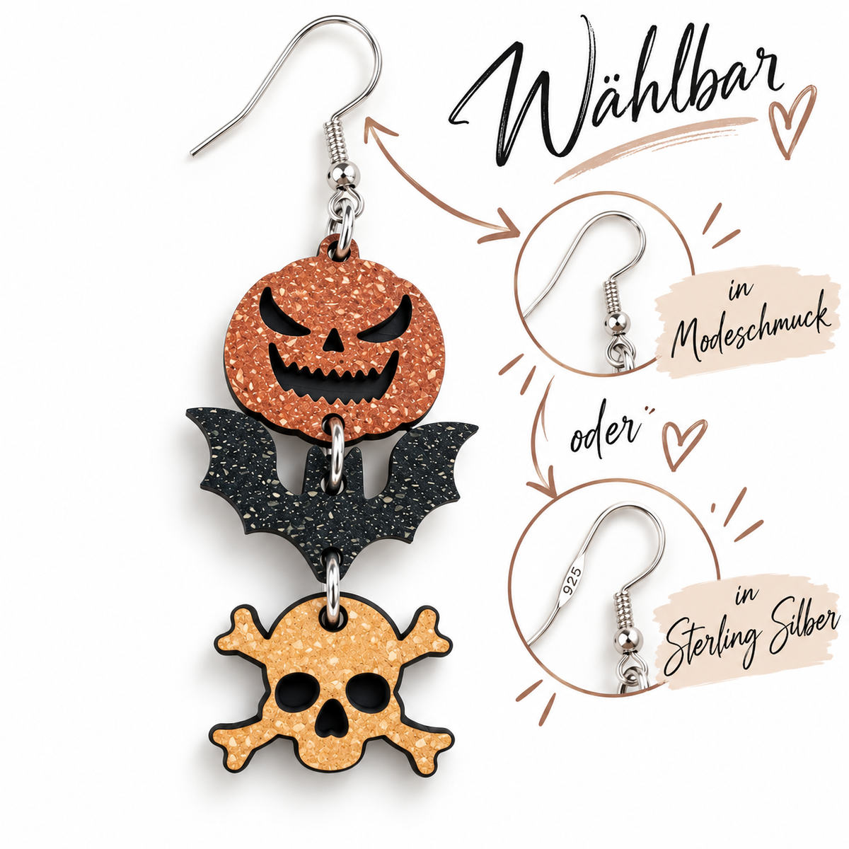 Halloween Ohrhänger Kürbis, Fledermaus & Totenkopf