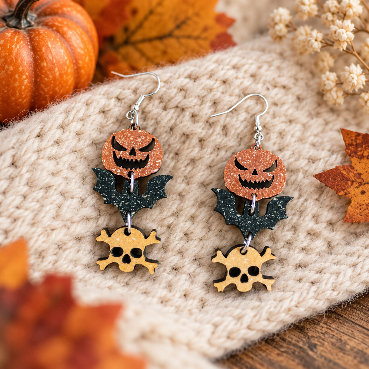 Halloween Ohrhänger Kürbis, Fledermaus & Totenkopf