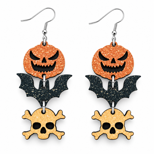 Halloween Ohrhänger Kürbis, Fledermaus & Totenkopf